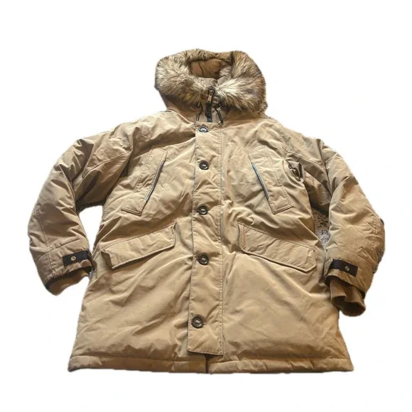 Polo Ralph Lauren Mens Down Parka Faux Fur Hood Tan Khaki Winter Coat Large