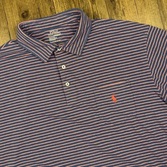 Polo Ralph Lauren Performance Polo Mens 2XB Purple Pink Striped Stretch Golf Big