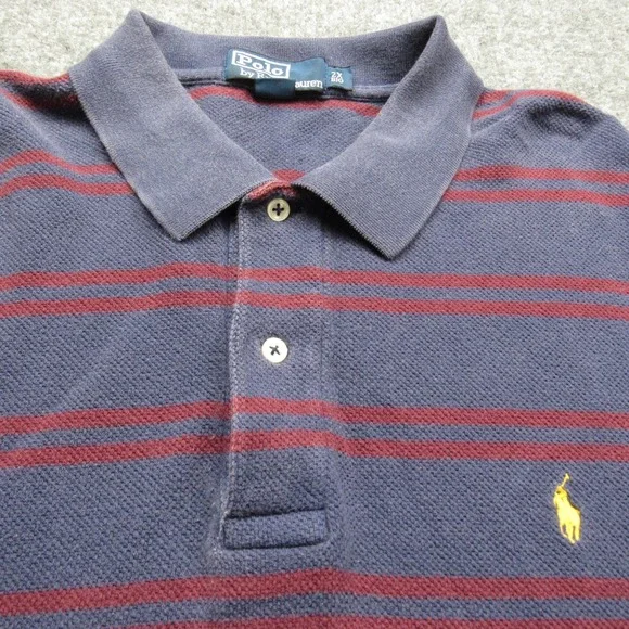 Polo Ralph Lauren Polo Shirt Mens 2XL Big Navy Red Striped Pique Short Sleeve‎
