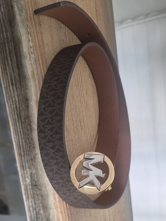 Michael Kors Brown Reversible Logo Belt with Gold & Silver MK Buckle