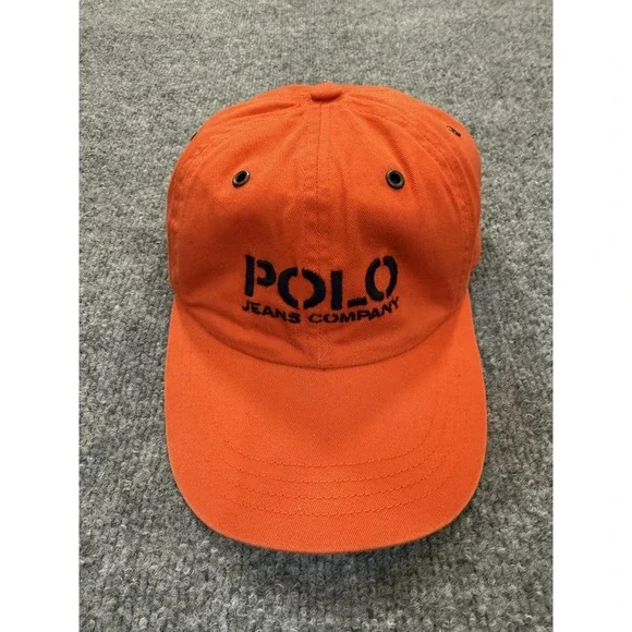 Vtg Polo Jeans Hat Mens Leather Strap Back Orange Dad‎ Cotton Twill