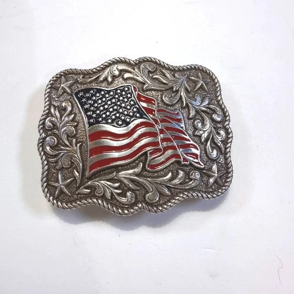 American Flag Belt Buckle Western Silver Tone Floral Scroll Patriotic USA Star