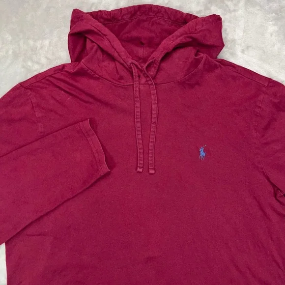 POLO RALPH LAUREN Jersey Hooded T-Shirt Mens Large Burgundy Long Sleeve Pony Tee