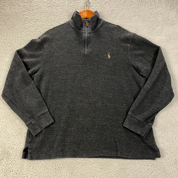 Polo Ralph Lauren Sweater Mens Large Gray Estate Rib Flesh‎ Pony 1/4 Zip Preppy