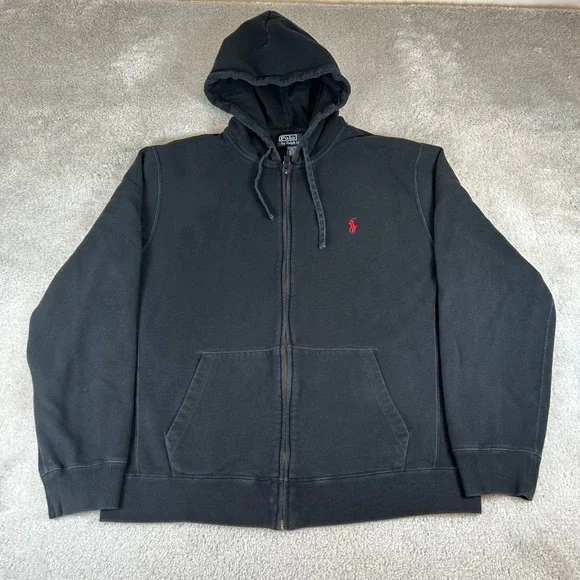 Vintage Polo Ralph Lauren Full Zip Hoodie Men's Large Black Red Pony Logo Fleece