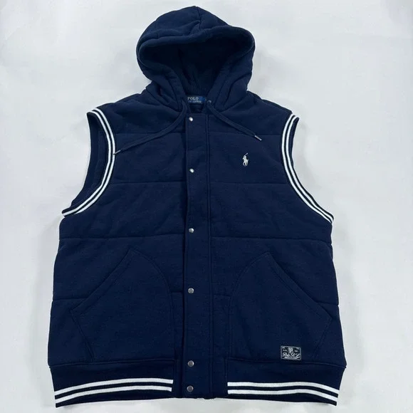 Polo Ralph Lauren Mens Vest XL Navy Blue Quilted Hooded Varsity Snap Zip