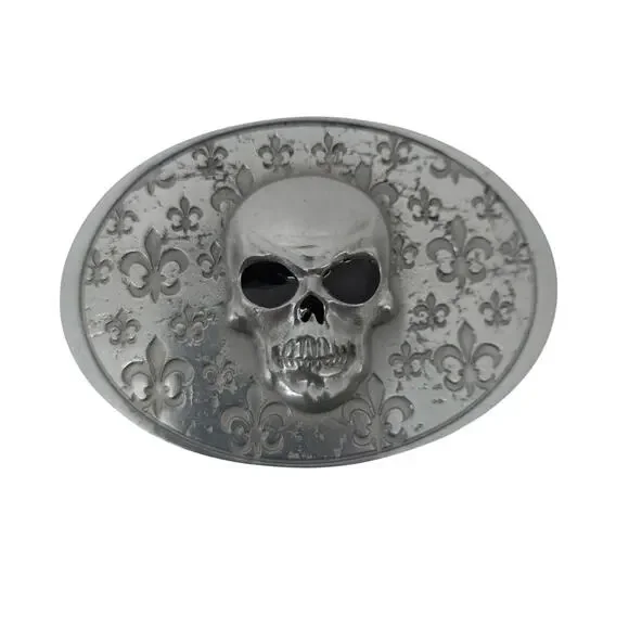 Oval Biker Skull Belt Buckle Silver Tone Fleur De Lis Punk