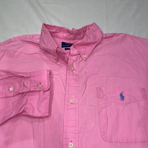 Polo Ralph Lauren Mens XXL Pink Classic Fit Cotton Button Down Shirt Blue Pony