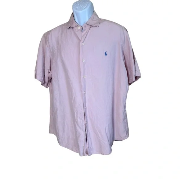 Polo Ralph Lauren‎ Short Sleeve Shirt Pink Linen Silk Blend Large Preppy Casual