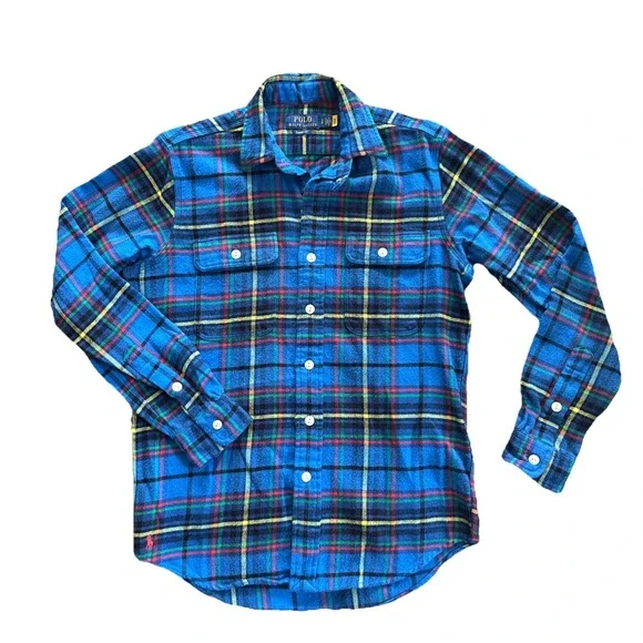 Polo Ralph Lauren Flannel Shirt Men S Blue Tartan Plaid Classic Fit Workshirt