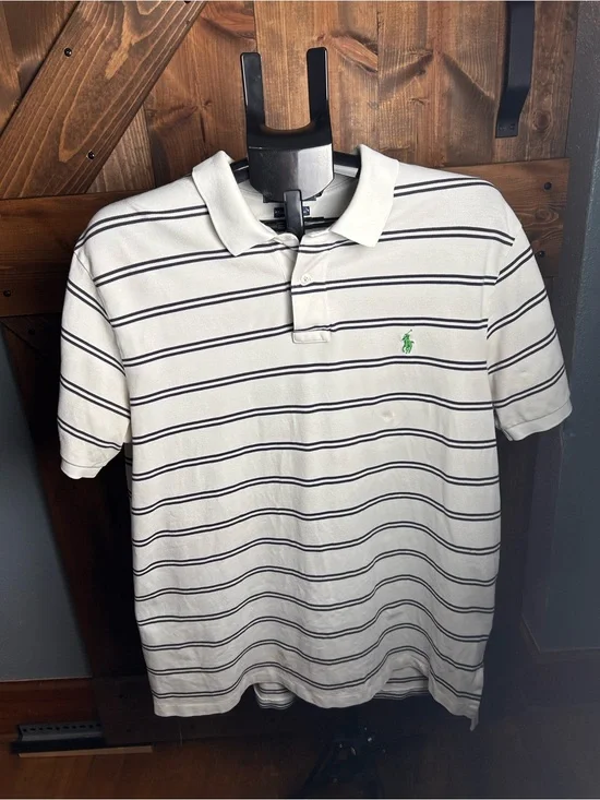 Polo by Ralph Lauren White Polo with Navy Stripes and Green Pony Logo