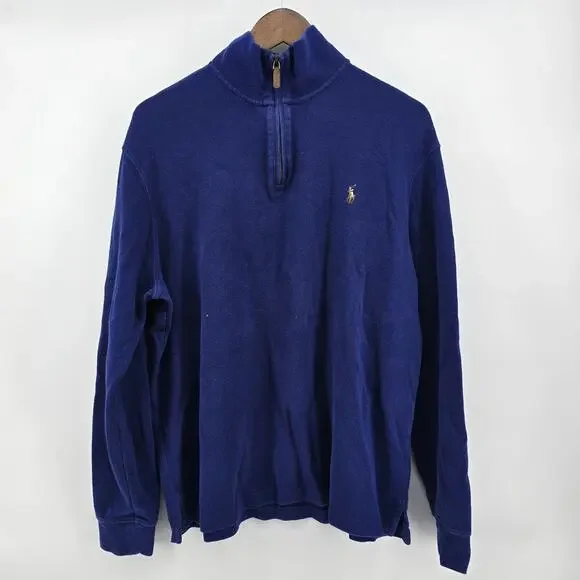 Polo Ralph Lauren Quarter Zip Pullover Mens‎ L Blue Estate Rib Cotton Flesh Pony