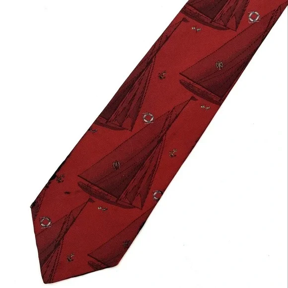 Vintage 90s Polo Ralph Lauren Men's Red Silk Nautical Sailboat Anchor Tie 3.5