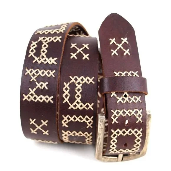 EMBROIDERED BROWN GENUINE LEATHER 1 3/8
