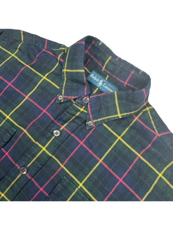 VTG Polo Ralph Lauren Men's 100% Cotton Work Shirt Green/Black Plaid • Large