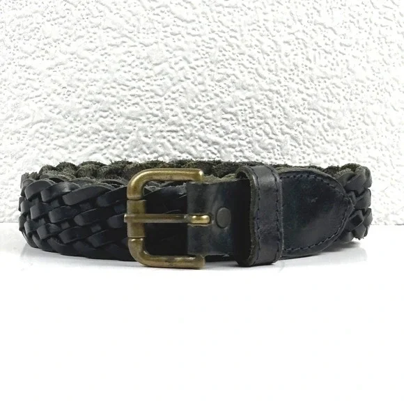 Leather Braided Belt Unisex Large Navy Blue Woven Turkey Woven Boho Preppy