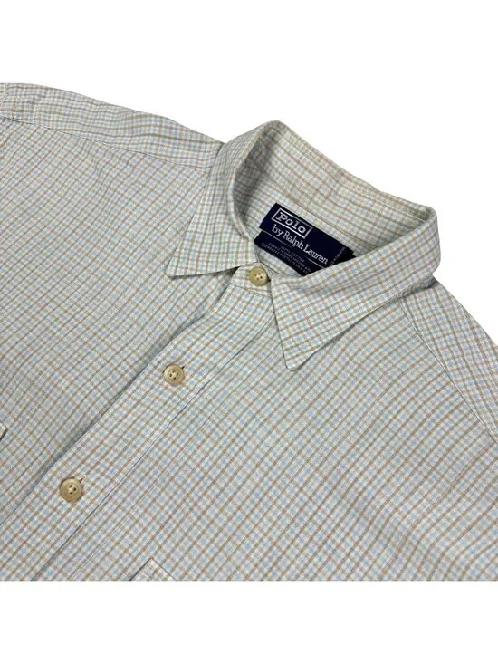 Polo Ralph Lauren Men's 100% Cotton L/S Button Work Shirt Beige Plaid • Large