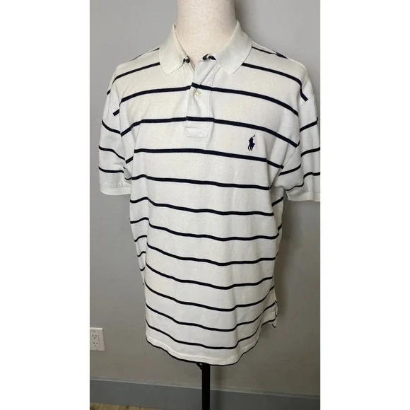 Polo Ralph Lauren Mens XL Classic Fit Striped Pique Polo Shirt White Navy Blue