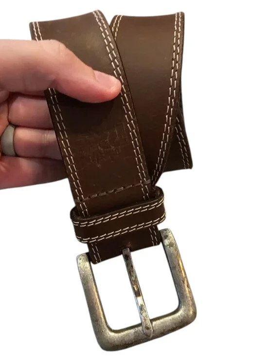 Timberland Pro Mens Sz 34 Classic Brown Leather Belt w/ Silver Tone Buckle