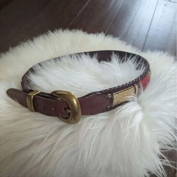 LL Bean Kilim Braided Brown Leather Woven Killim Belt Gold Buckle S Small 31-32