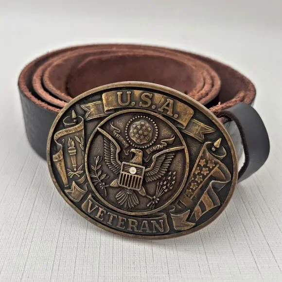 Vintage Mens Veteran Brass Belt Buckle Leather USA Collector XL Full Grain 42”