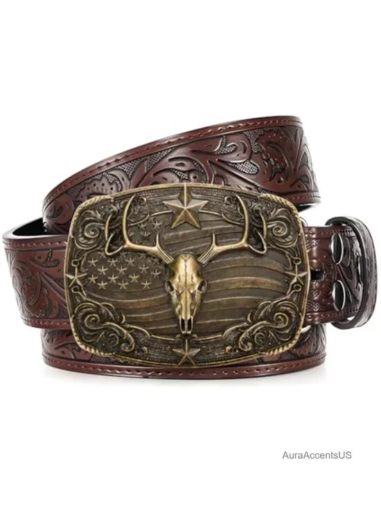 PU Leather Western Belt, Adjustable Cowboy Belt with 3D Buckle