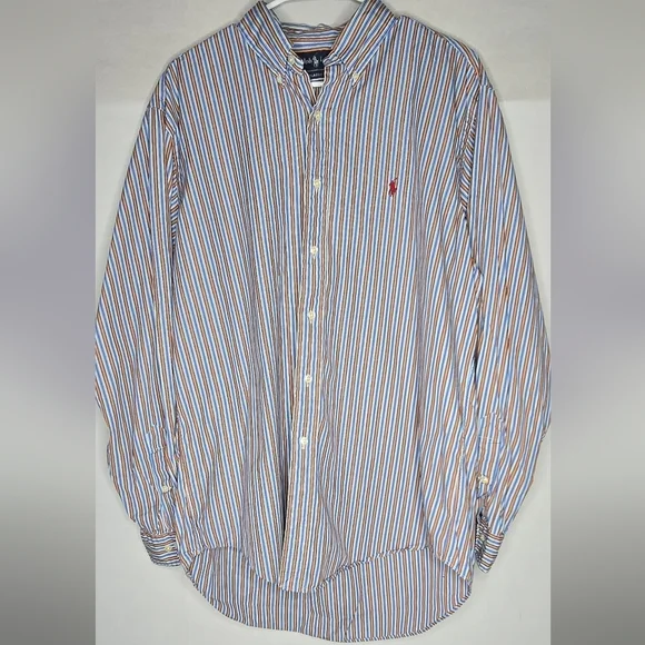Ralph Lauren Button Down Shirt Powder Blue Stripe Long Sleeve Classic Fit Large