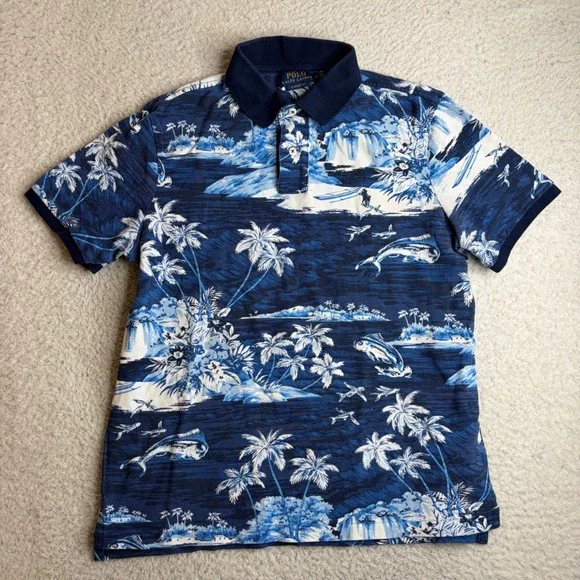 Polo Ralph Lauren Mens Medium Blue Tropical Island Marlin Palm Tree Polo Shirt