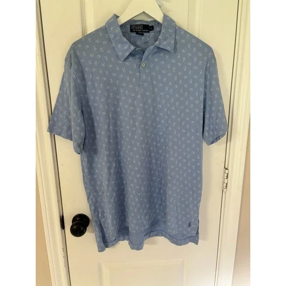 Polo Ralph Lauren Polo Shirt Mens L Light Blue Micro Paisley Print Cotton Golf‎