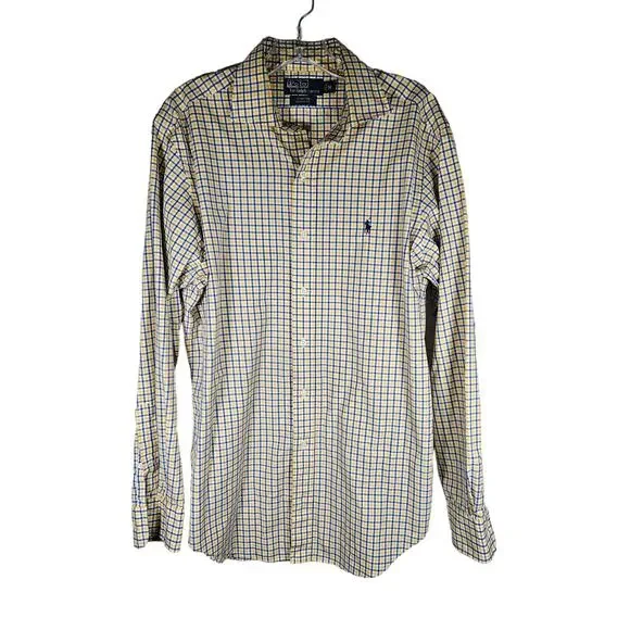 Ralph Lauren Polo Mens Polo Shirt Plaid Yellow Blue Logo Size Medium Stanton Fit