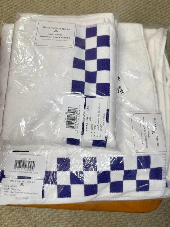 NEW (NWT) - MacKenzie-Childs Plum Check Bath & Hand Towel Set (Purple)