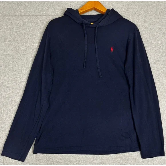 Polo Ralph Lauren Hoodie Mens L Navy Blue Long Sleeve Lightweight Cotton T-Shirt