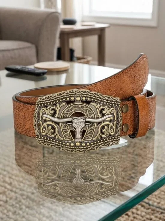 Men's Western Longhorn Buckle Floral Belt 31-34