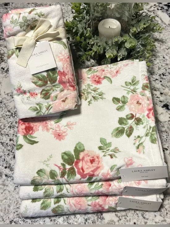 5 pc Laura Ashley Lisalee Pink Floral Rose Bath Towel Set - NWT 🌸