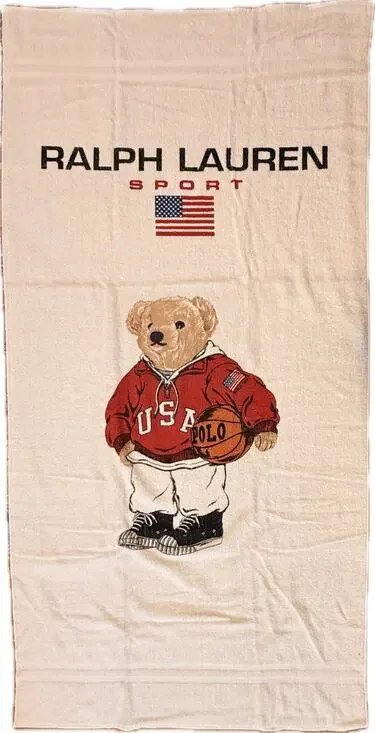 Vintage 90s Ralph Lauren Sport Polo Bear Basketball Beach Towel USA Flag White