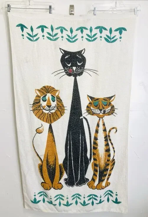Vintage 1950s 60 Cannon Terry Beach Towel Tiger Pop Art Lion Graphic Black Cat O