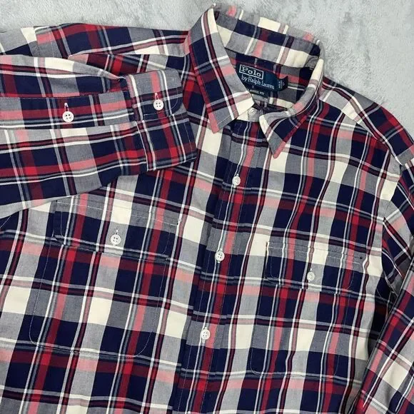 Vintage Ralph Lauren Shirt‎ Mens Large Red White  Blue Tartan Plaid Button Up
