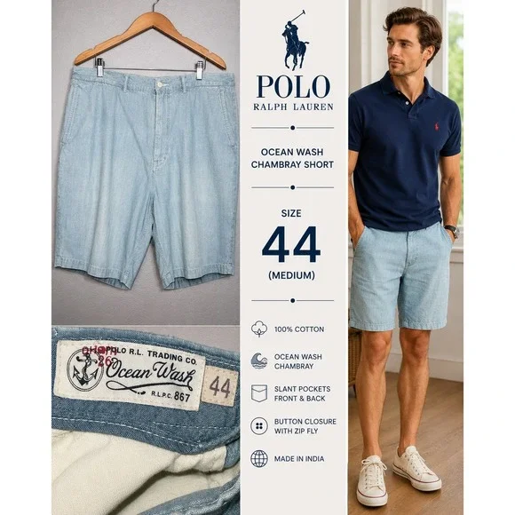 Polo Ralph Lauren Ocean Wash Chambray Shorts Mens 44 Light Blue Cotton Preppy