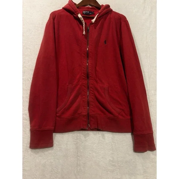 Vintage Y2K Polo Ralph Lauren Men's Large Red Full Zip Hoodie ‎ Blue Pony Logo