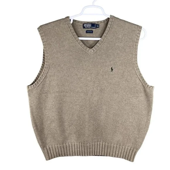 Polo Ralph Lauren Mens XL Tan Knit Sweater Vest Logo Golf Quiet Luxury Old Money