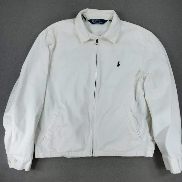 Polo Ralph Lauren Harrington Jacket Mens L White Cotton Full Zip Pony Vintage