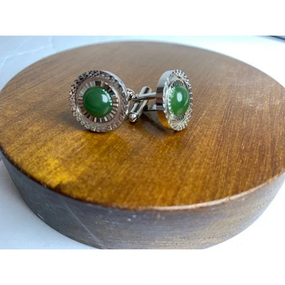 Vintage Silver Tone Green Cabochon Sunburst Round Cufflinks Formal Accessory‎
