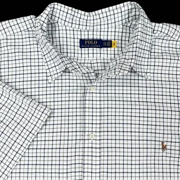 Polo Ralph Lauren Mens Size 4LT White Plaid Button Up Shirt Short Sleeve‎ NEW
