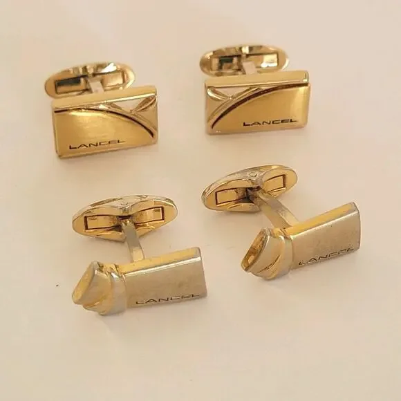 Lancel Paris French Gold Tone Logo Cufflinks Lot Of 2‎ Bundle Retro Designer