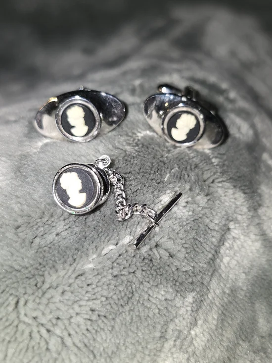 Silver Cameo Cufflinks and Tie Tack Set