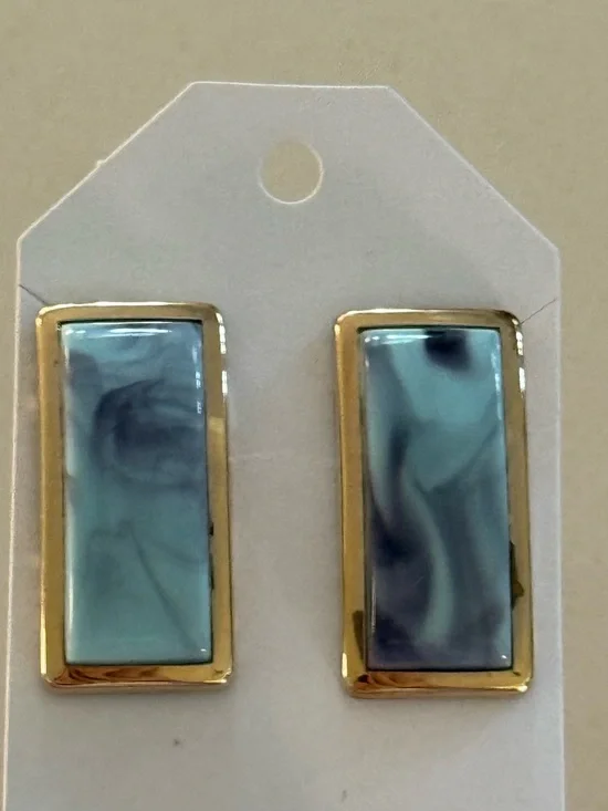 Vintage Cuff Links Gold Frame Blue Marble Rectangular Cuff Links