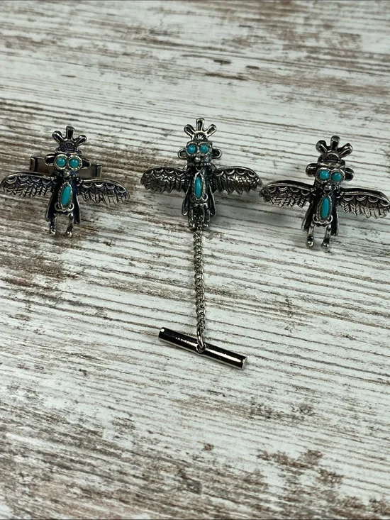 Vtg 1970s Thunderbird Cufflinks Tie Tac Set Faux Turquoise Fred Harvey Style