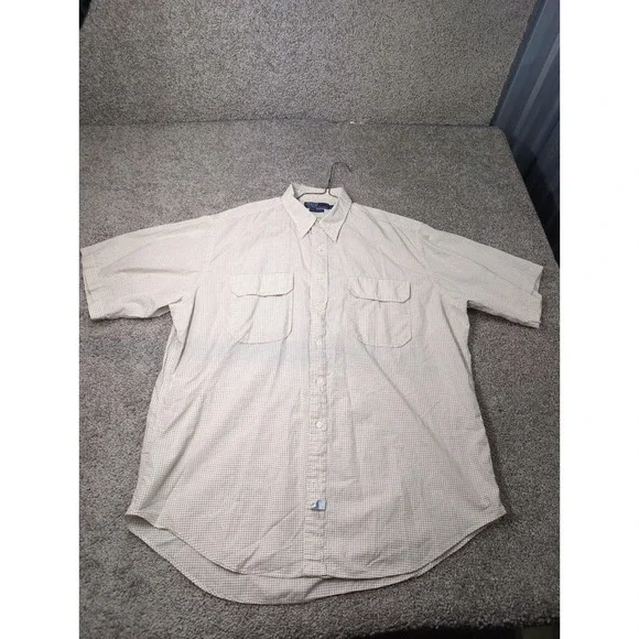 Polo Ralph Lauren Mens XL Short‎ Sleeve Button Down Shirt Tan Brown Check Cotton
