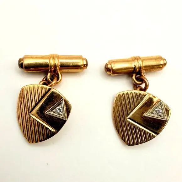 Vintage Art Deco Shield 10K Gold Chain Link Cuff Links Accent Diamond Geometric