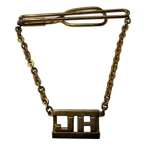 Vintage JH Monogram Tie Bar Chain Gold Tone Initial Mens Formal Accessory
